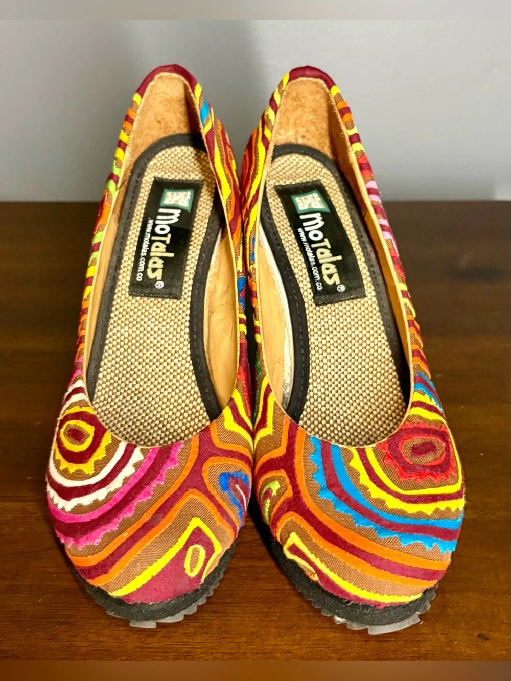 Handmade Guatemalan Textile Wedge Heels Multicolor Boho Geometric Pattern - sz 6